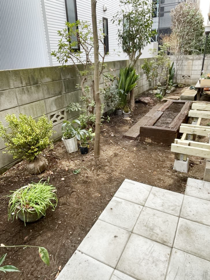 一部 平場をつくって作業スペースを。植っていたハナニラなどは掘り上げて移植します