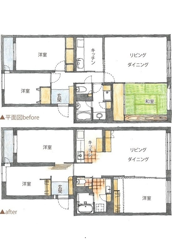 キッチンの扉を取り払い、和室を洋室に変更して間仕切り建具を設置。玄関から入ると、開放感のある空間が広がります。