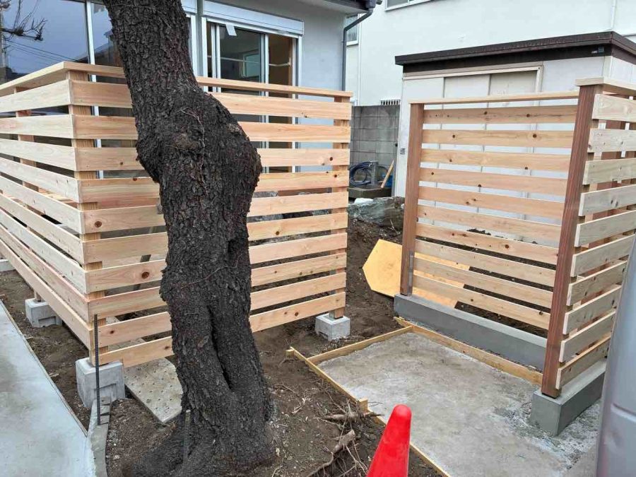 梅の木の周りにも板塀ができてきました。ぜひ、完成した建物をご覧ください。